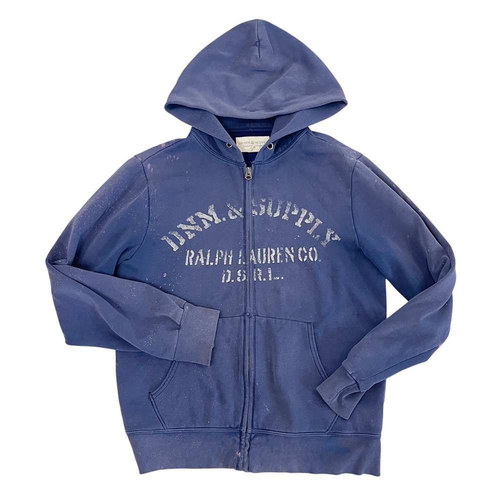 Denim & Supply Ralph Lauren Mens Blue Full Zip Graphic Hoodie Distressed MEDIUM